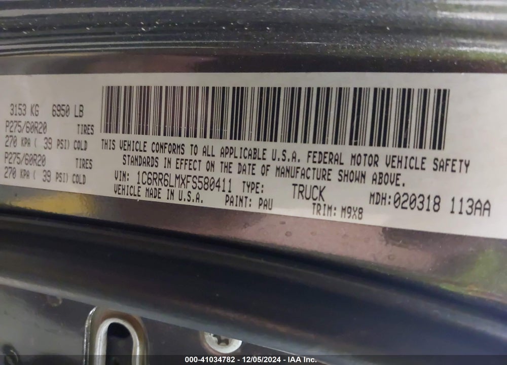 2015 RAM 1500 VIN: 1C6RR6LMXFS580411
