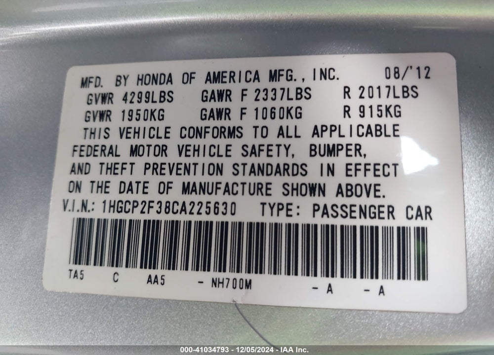 2012 HONDA ACCORD 2.4 LX VIN: 1HGCP2F38CA225630