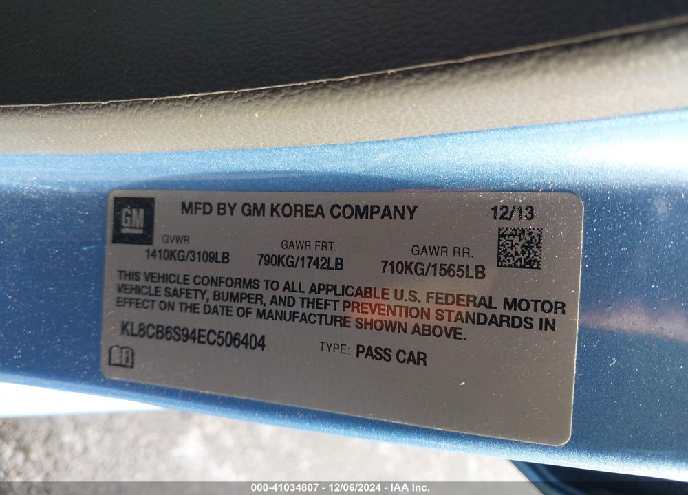 2014 CHEVROLET SPARK LS AUTO VIN: KL8CB6S94EC506404