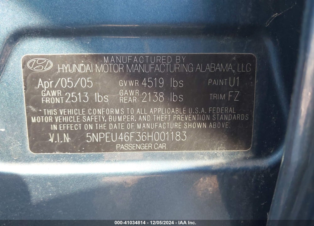 2006 HYUNDAI SONATA GLS V6/LX V6 VIN: 5NPEU46F36H001183