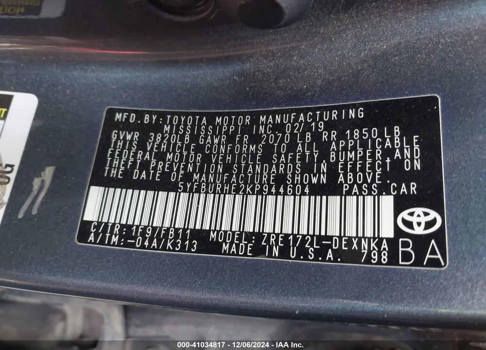 2019 TOYOTA COROLLA LE VIN: 5YFBURHE2KP944604