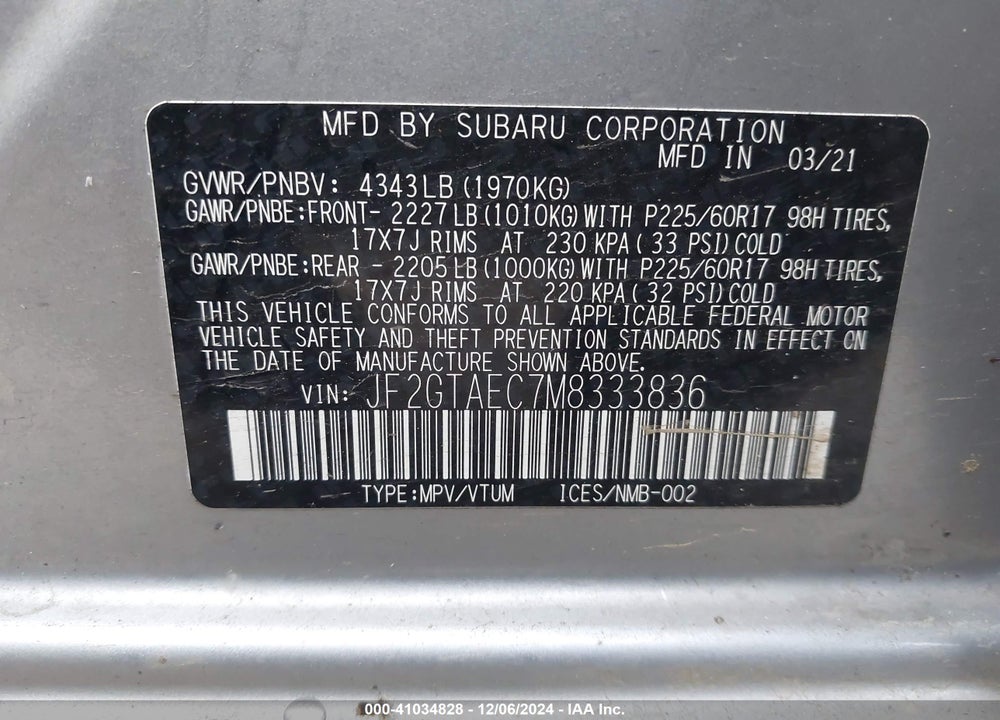 2021 SUBARU CROSSTREK PREMIUM VIN: JF2GTAEC7M8333836