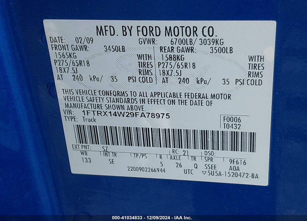 2009 FORD F-150 STX/XL VIN: 1FTRX14W29FA78975