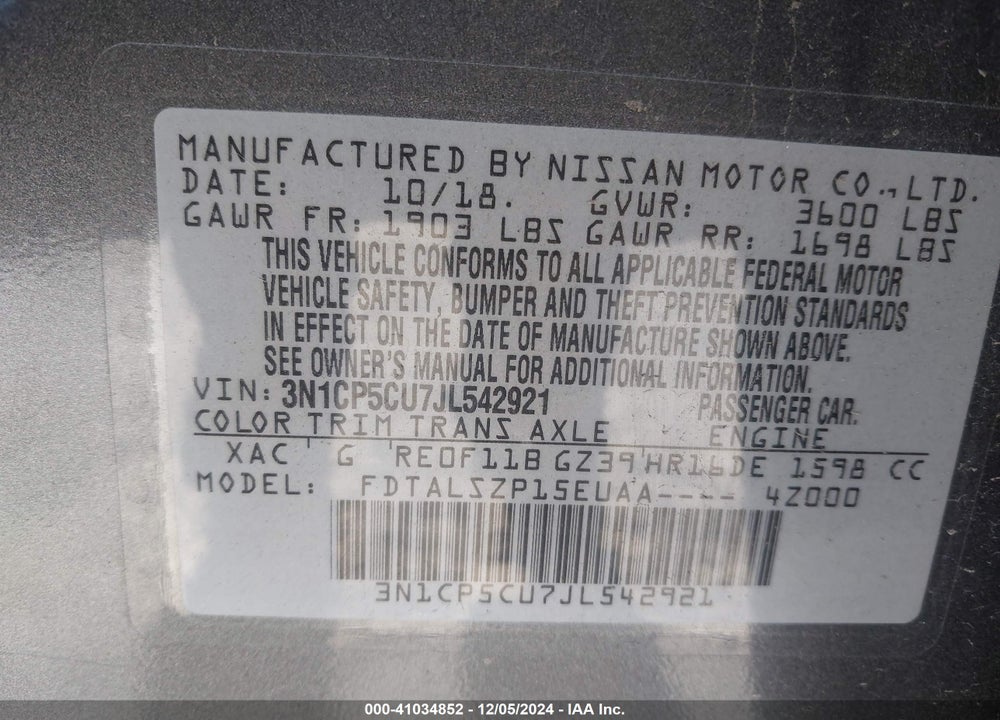 2018 NISSAN KICKS SV VIN: 3N1CP5CU7JL542921