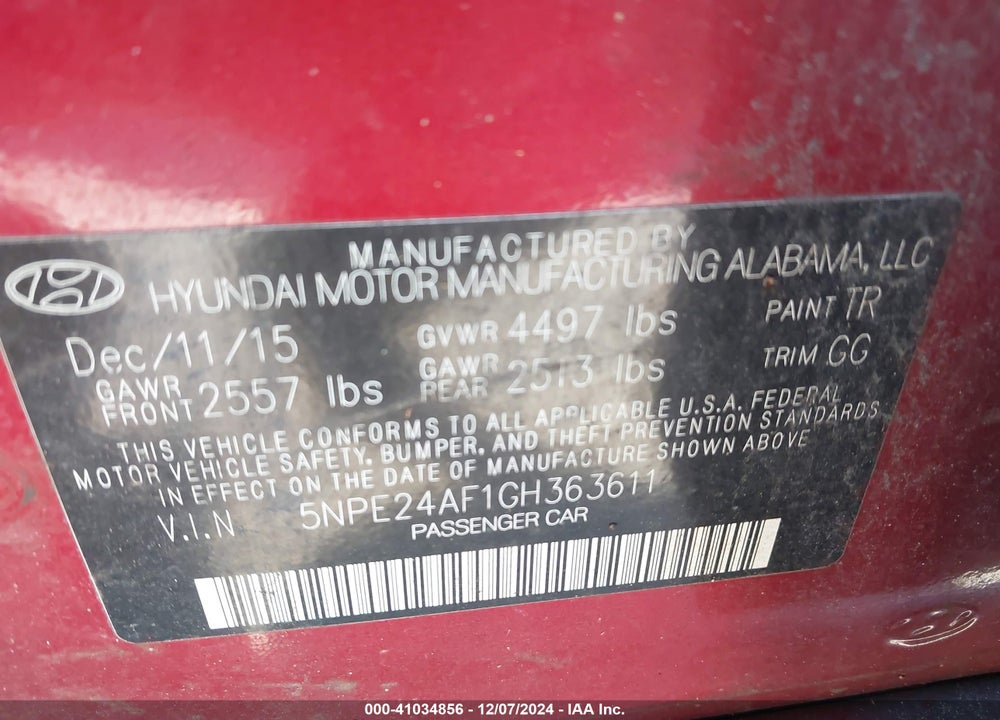 2016 HYUNDAI SONATA SE VIN: 5NPE24AF1GH363611