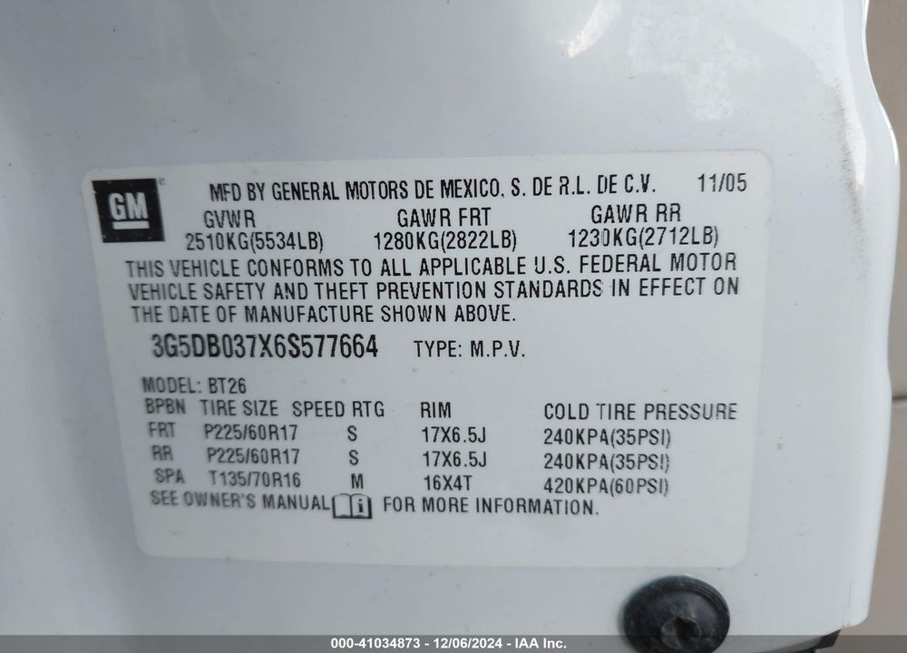 2006 BUICK RENDEZVOUS CX VIN: 3G5DB037X6S577664