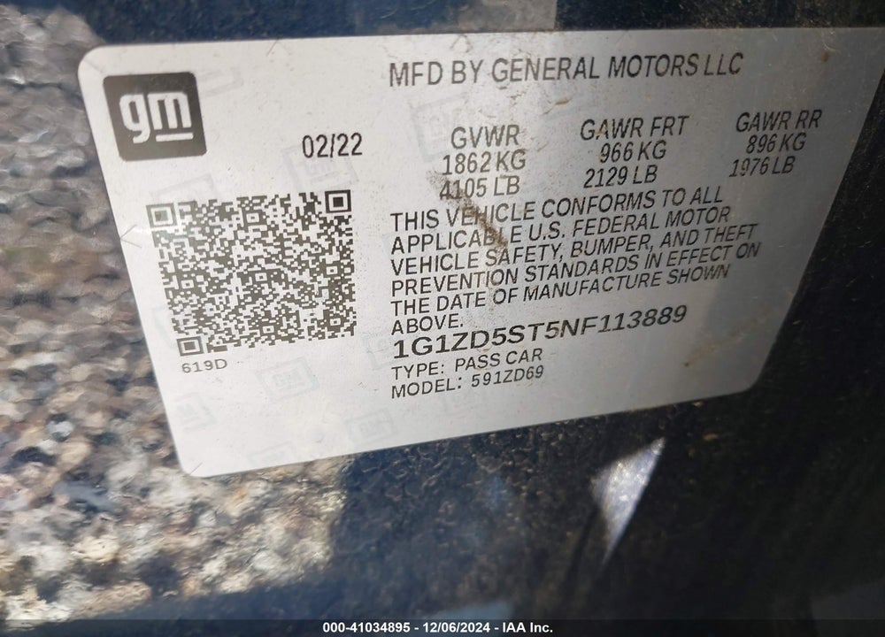 2022 CHEVROLET MALIBU FWD LT VIN: 1G1ZD5ST5NF113889