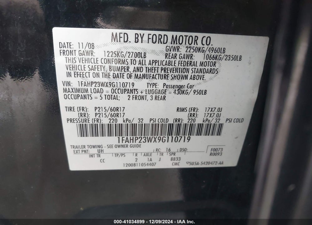 2009 FORD TAURUS SE VIN: 1FAHP23WX9G110719