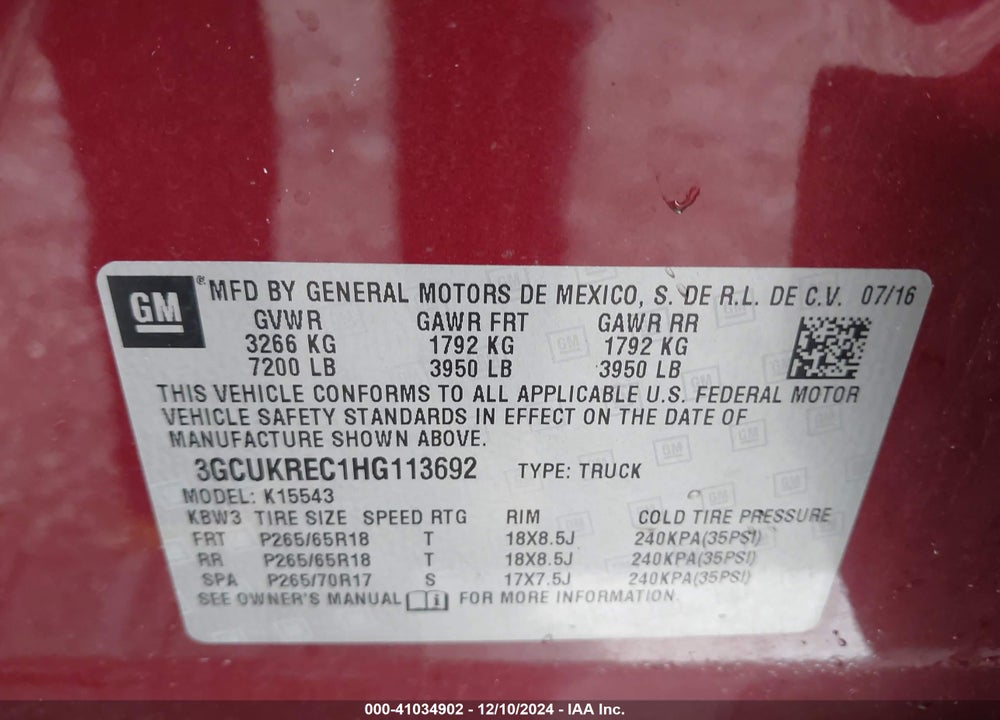 2017 CHEVROLET SILVERADO 1500 2LT VIN: 3GCUKREC1HG113692