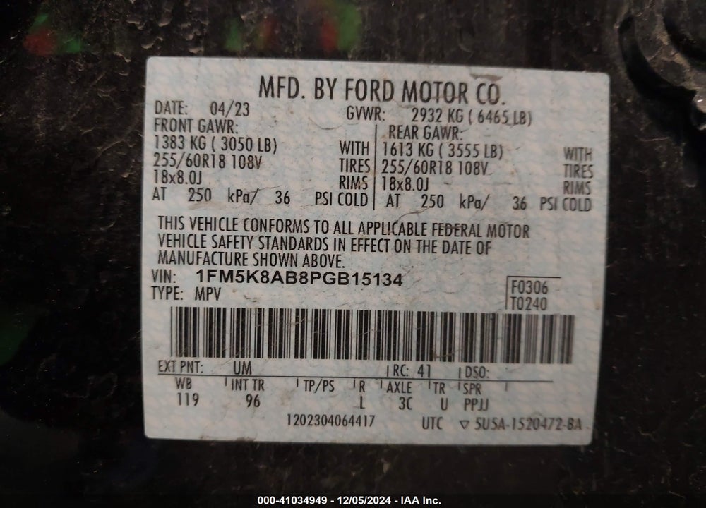 2023 FORD POLICE INTERCEPTOR UTILITY VIN: 1FM5K8AB8PGB15134