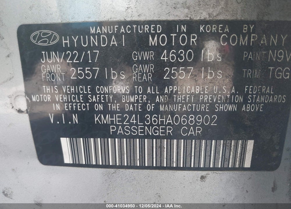 2017 HYUNDAI SONATA HYBRID SE VIN: KMHE24L36HA068902
