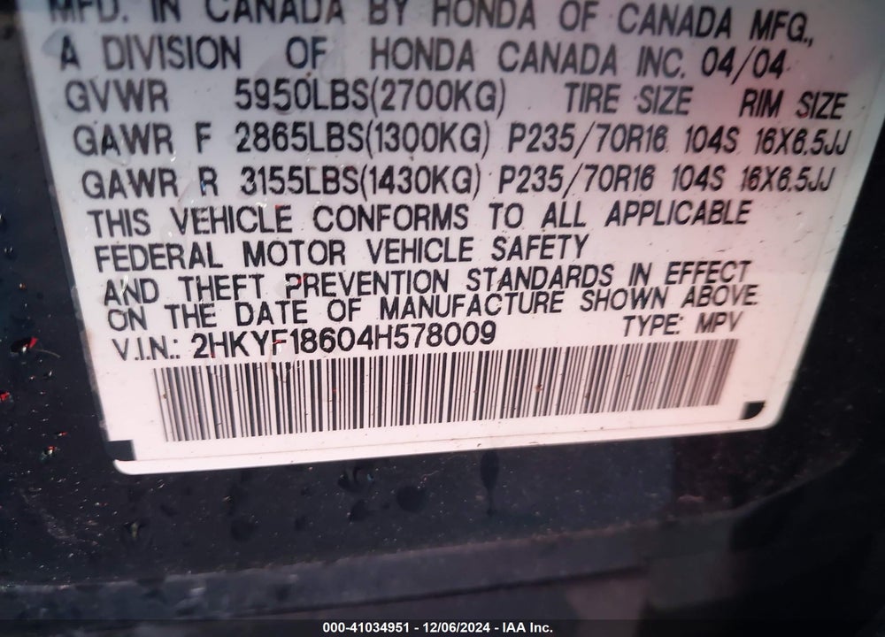 2004 HONDA PILOT EX-L VIN: 2HKYF18604H578009