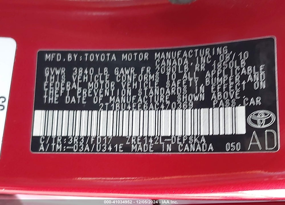 2010 TOYOTA COROLLA VIN: 2T1BU4EE6AC470369