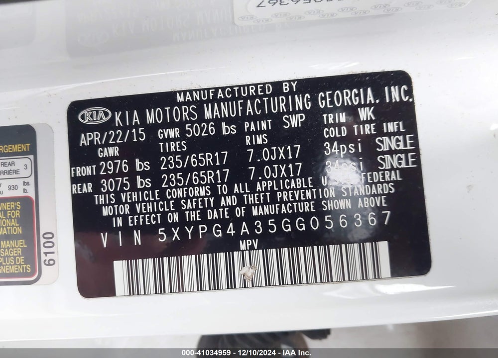 2016 KIA SORENTO 2.4L LX VIN: 5XYPG4A35GG056367