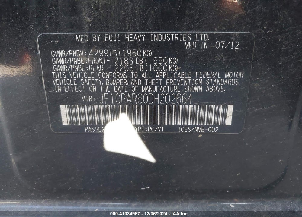 2013 SUBARU IMPREZA 2.0I SPORT LIMITED VIN: JF1GPAR60DH202664