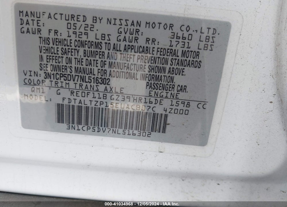 2022 NISSAN KICKS SR XTRONIC CVT VIN: 3N1CP5DV7NL516302