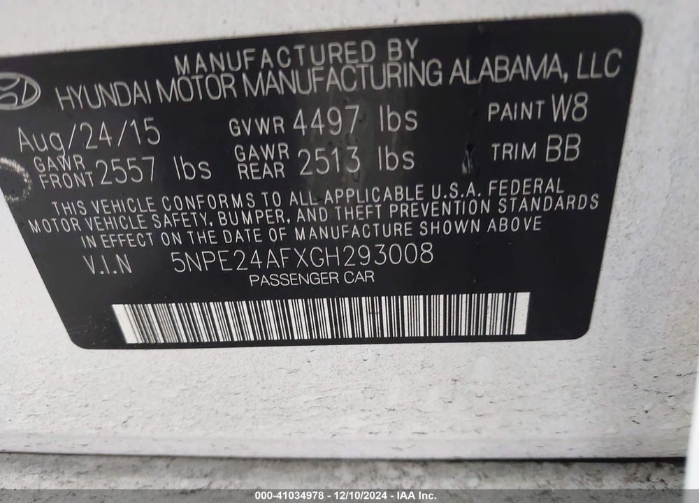 2016 HYUNDAI SONATA SE VIN: 5NPE24AFXGH293008