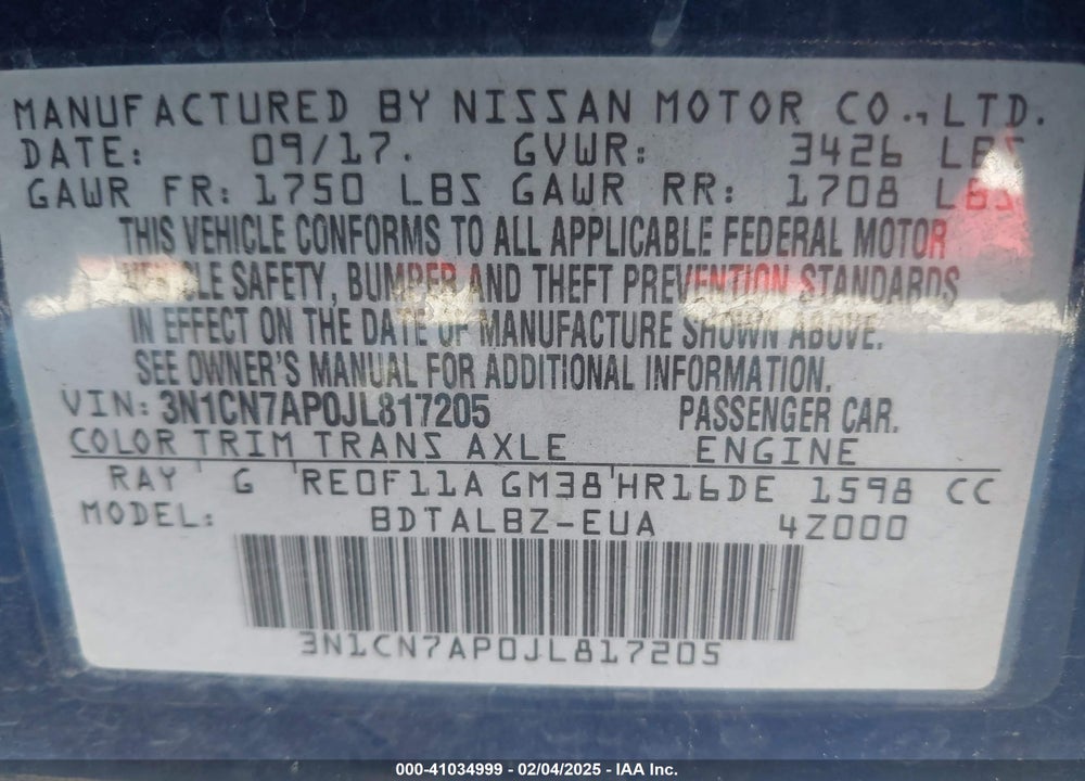 2018 NISSAN VERSA 1.6 SV VIN: 3N1CN7AP0JL817205