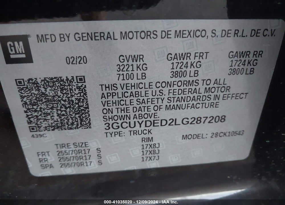 2020 CHEVROLET SILVERADO 1500 4WD SHORT BED LT VIN: 3GCUYDED2LG287208