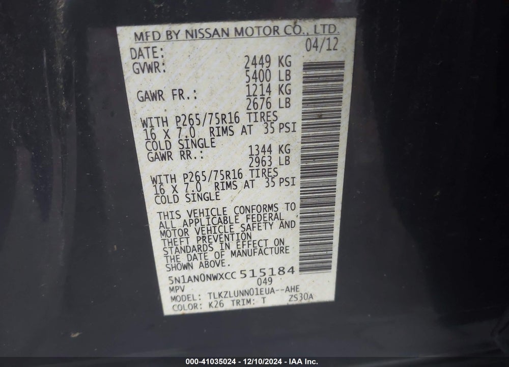 2012 NISSAN XTERRA PRO - 4X VIN: 5N1AN0NWXCC515184