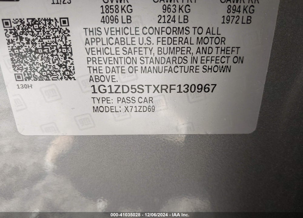 2024 CHEVROLET MALIBU FWD 1LT VIN: 1G1ZD5STXRF130967
