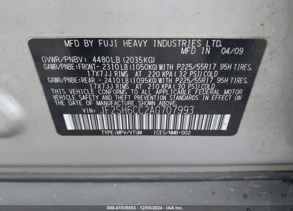 2010 SUBARU FORESTER 2.5X PREMIUM VIN: JF2SH6CC2AG707993