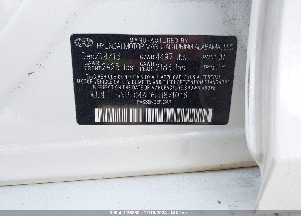 2014 HYUNDAI SONATA SE 2.0T VIN: 5NPEC4AB6EH871046
