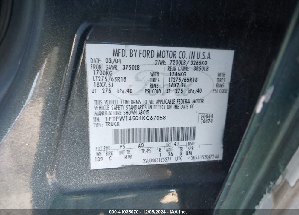 2004 FORD F-150 FX4/LARIAT/XLT VIN: 1FTPW14504KC67058