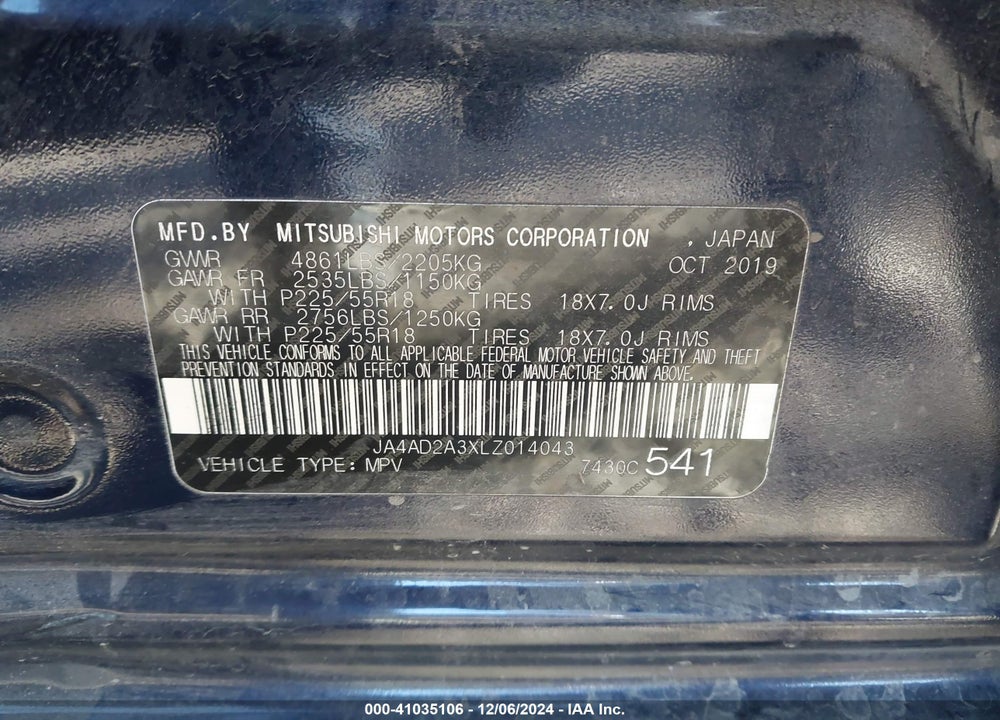 2020 MITSUBISHI OUTLANDER ES 2.4 VIN: JA4AD2A3XLZ014043