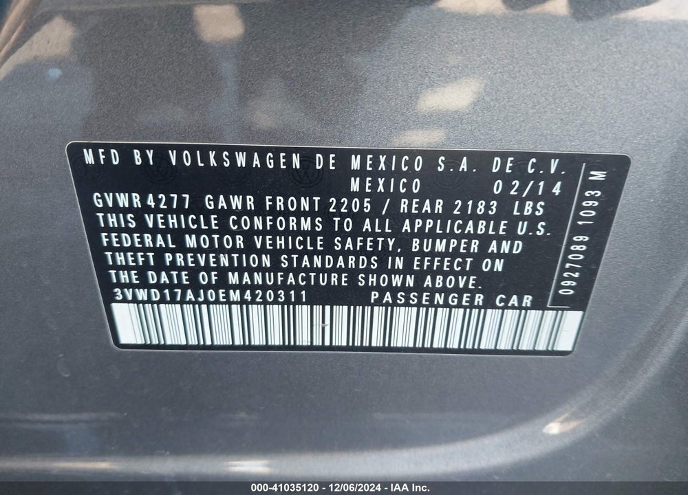 2014 VOLKSWAGEN JETTA 1.8T SE VIN: 3VWD17AJ0EM420311
