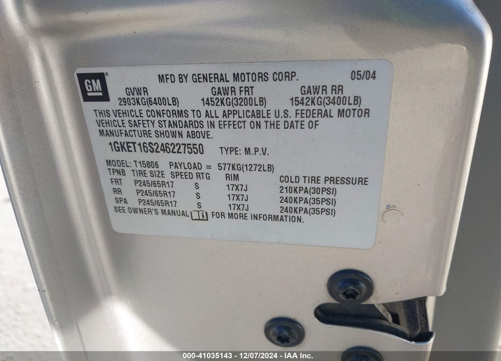 2004 GMC ENVOY XL VIN: 1GKET16S246227550