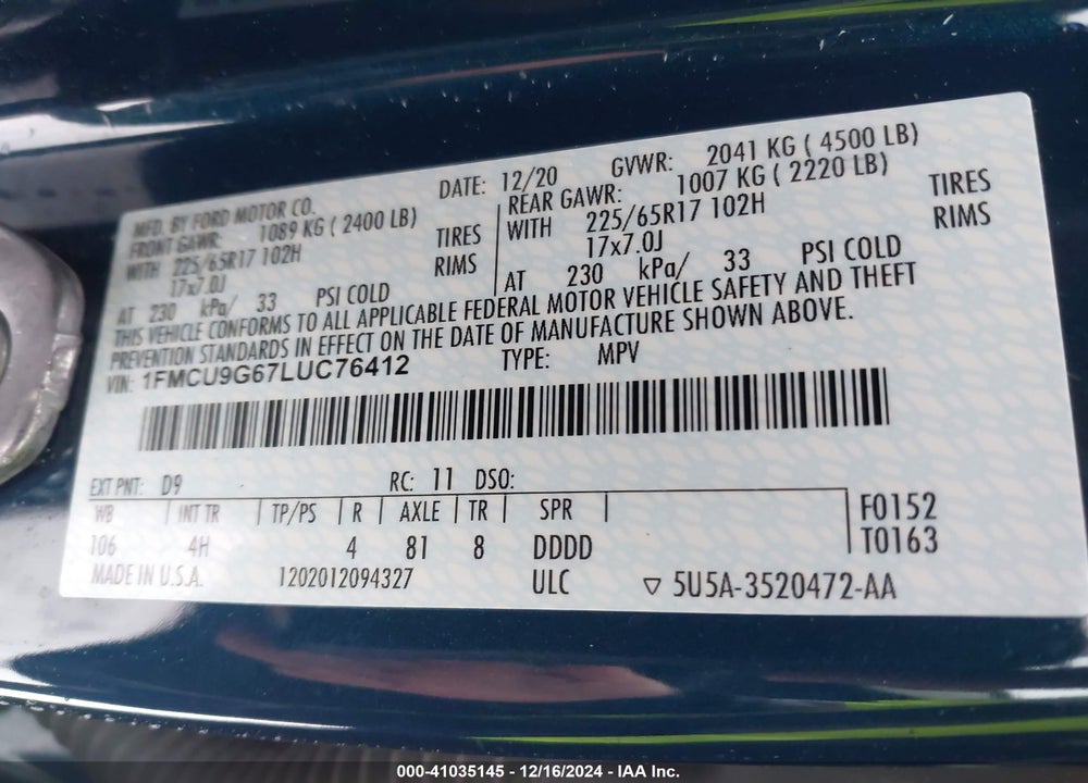 2020 FORD ESCAPE VIN: 1FMCU9G67LUC76412