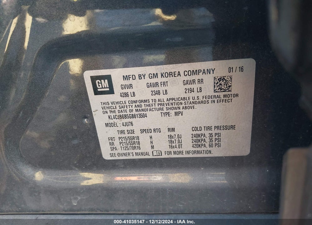 2016 BUICK ENCORE CONVENIENCE VIN: KL4CJBSB5GB613504