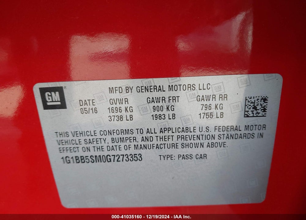 2016 CHEVROLET CRUZE LS MANUAL VIN: 1G1BB5SM0G7273353