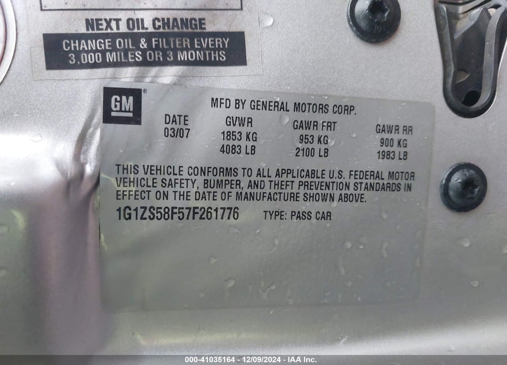 2007 CHEVROLET MALIBU LS VIN: 1G1ZS58F57F261776