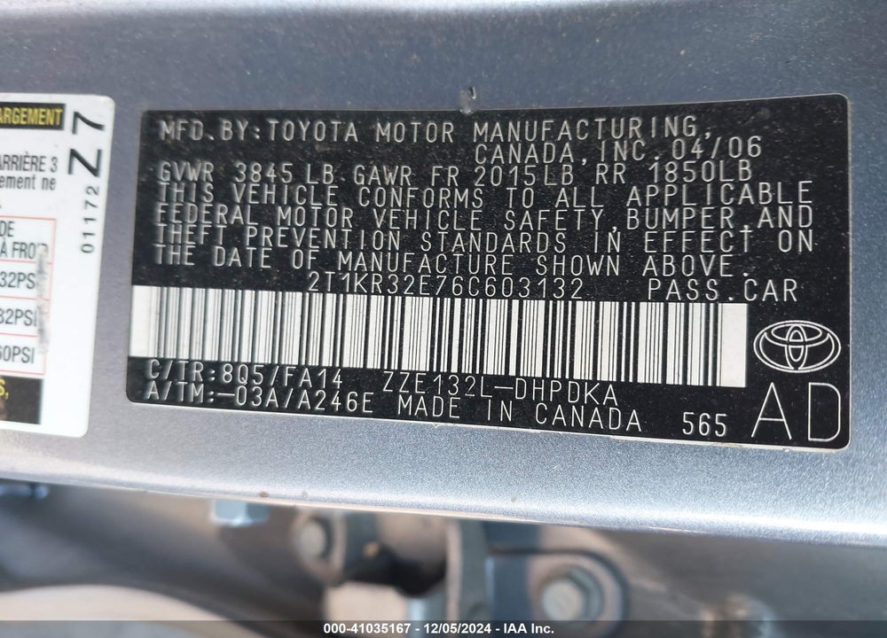 2006 TOYOTA MATRIX VIN: 2T1KR32E76C603132
