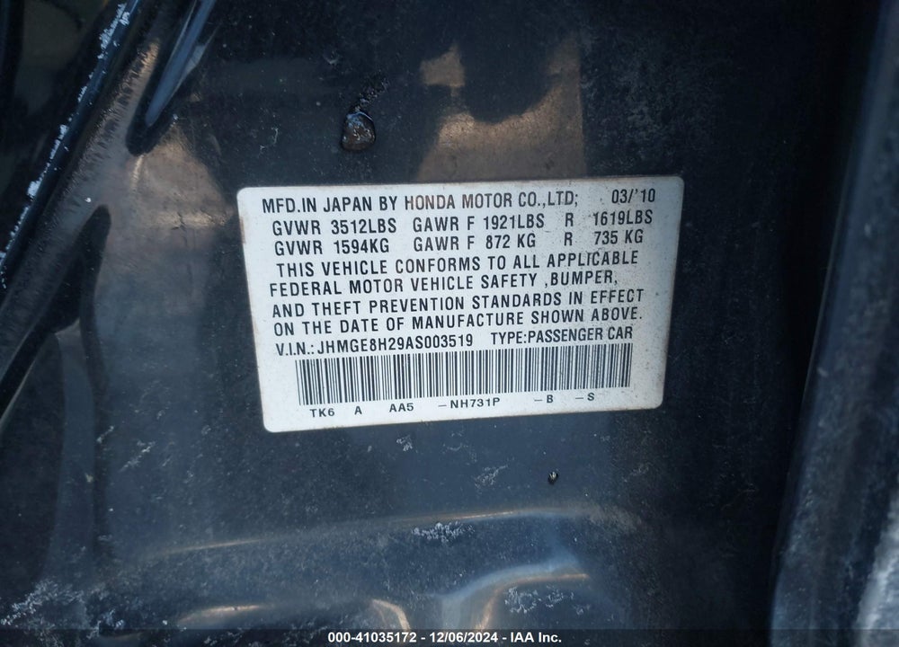 2010 HONDA FIT VIN: JHMGE8H29AS003519