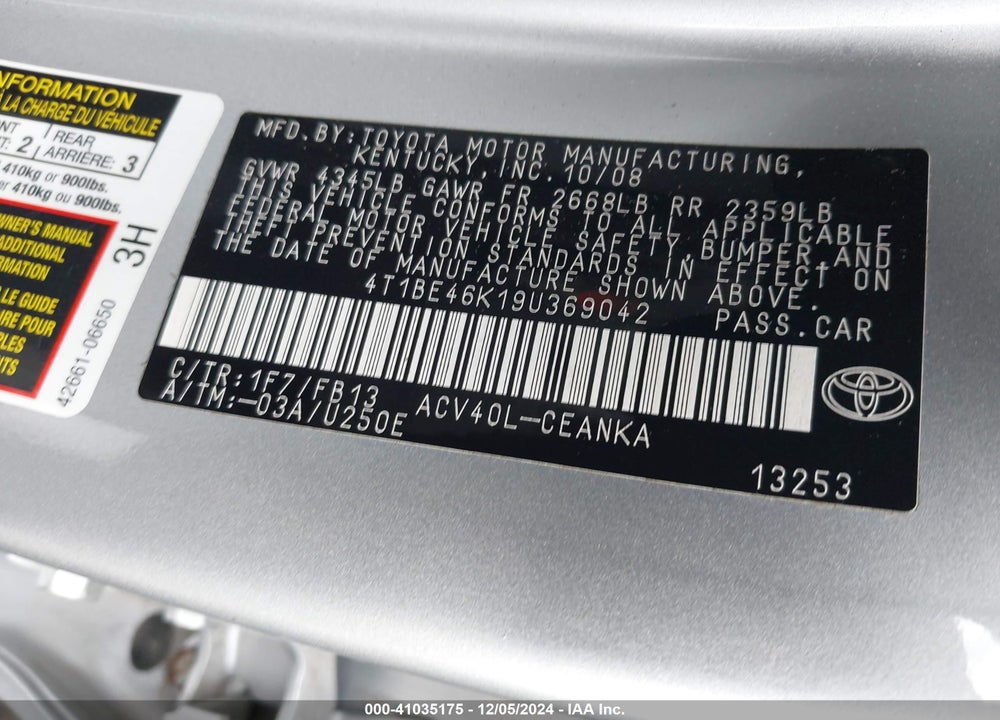 2009 TOYOTA CAMRY LE VIN: 4T1BE46K19U369042