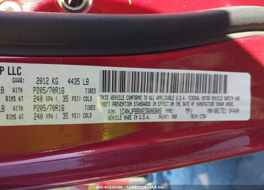 2014 JEEP PATRIOT SPORT VIN: 1C4NJPBBXED606805