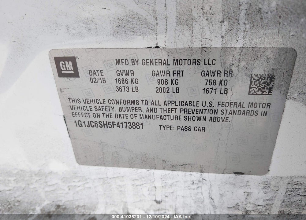 2015 CHEVROLET SONIC VIN: 1G1JC6SH5F4173881