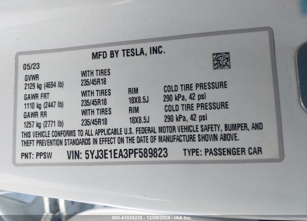 2023 TESLA MODEL 3 REAR-WHEEL DRIVE VIN: 5YJ3E1EA3PF589823