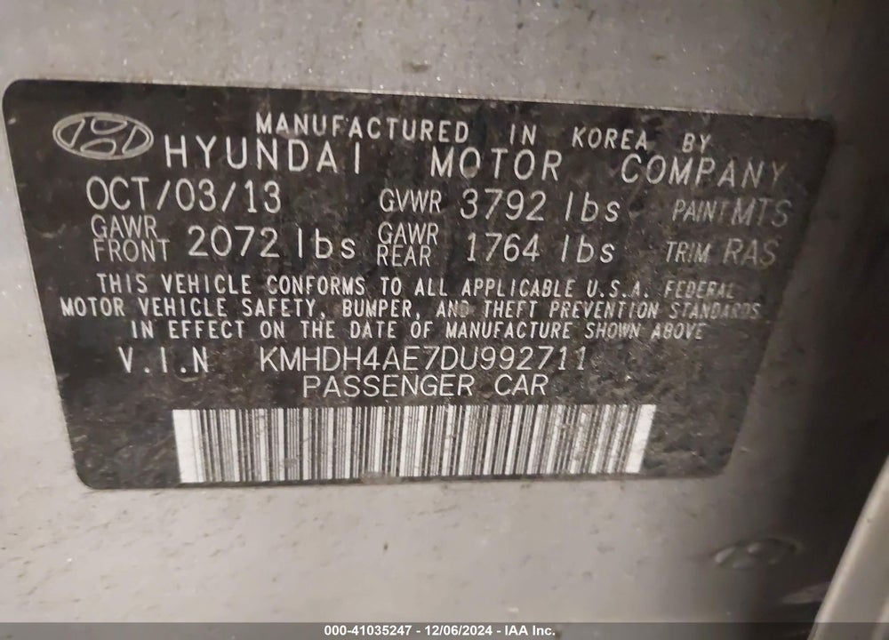 2013 HYUNDAI ELANTRA LIMITED VIN: KMHDH4AE7DU992711