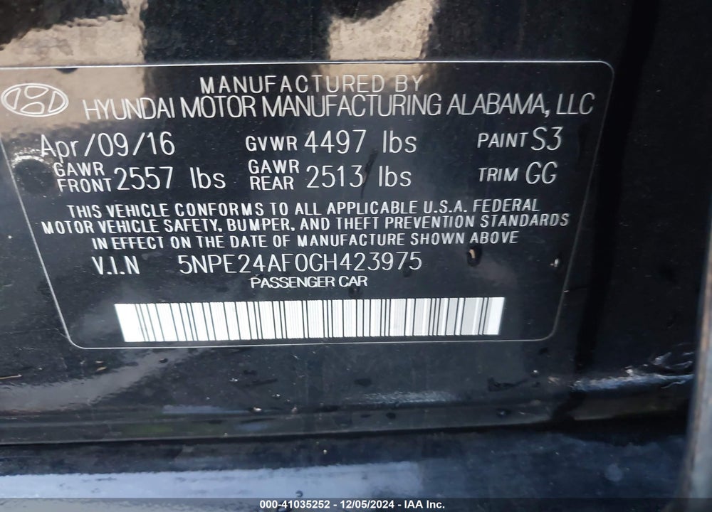 2016 HYUNDAI SONATA SE VIN: 5NPE24AF0GH423975