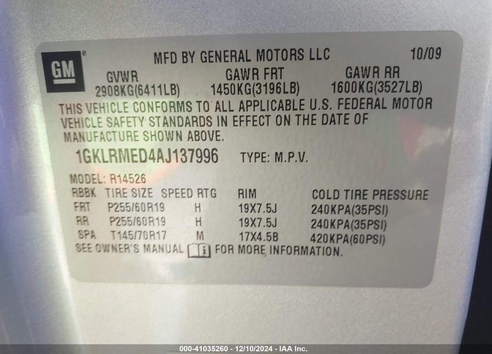 2010 GMC ACADIA SLT-1 VIN: 1GKLRMED4AJ137996