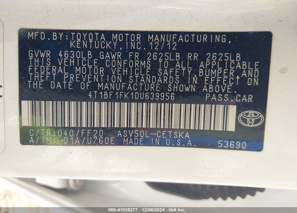2013 TOYOTA CAMRY SE VIN: 4T1BF1FK1DU639956