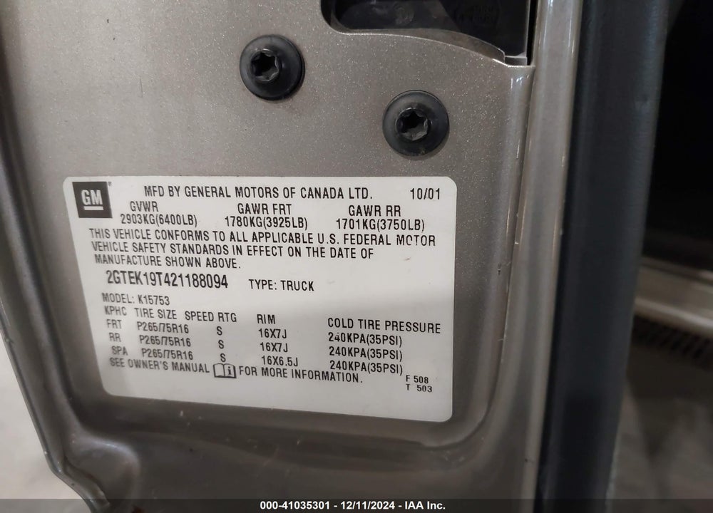2002 GMC SIERRA 1500 SLE VIN: 2GTEK19T421188094