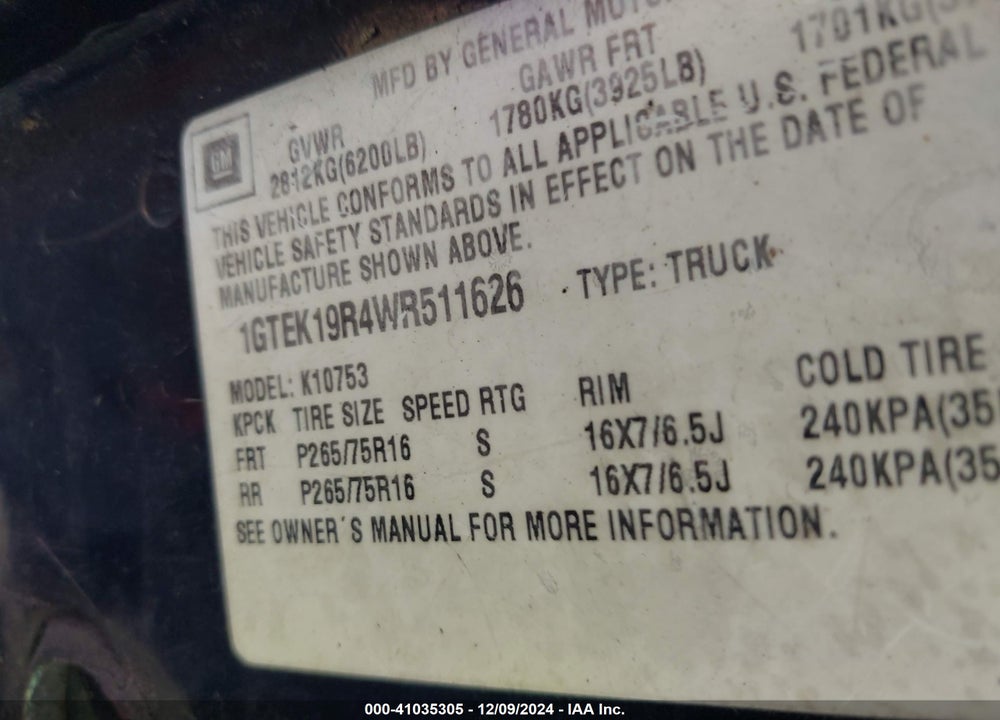 1998 GMC SIERRA 1500 SL WIDESIDE VIN: 1GTEK19R4WR511626