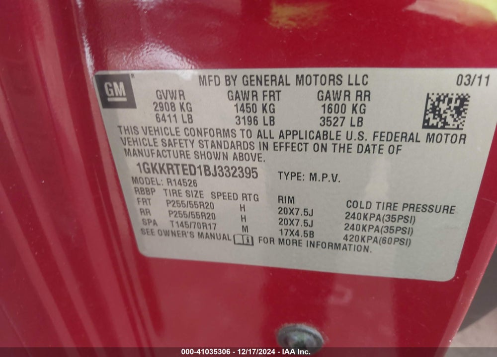 2011 GMC ACADIA DENALI VIN: 1GKKRTED1BJ332395