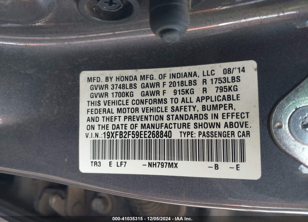 2014 HONDA CIVIC LX VIN: 19XFB2F59EE268840