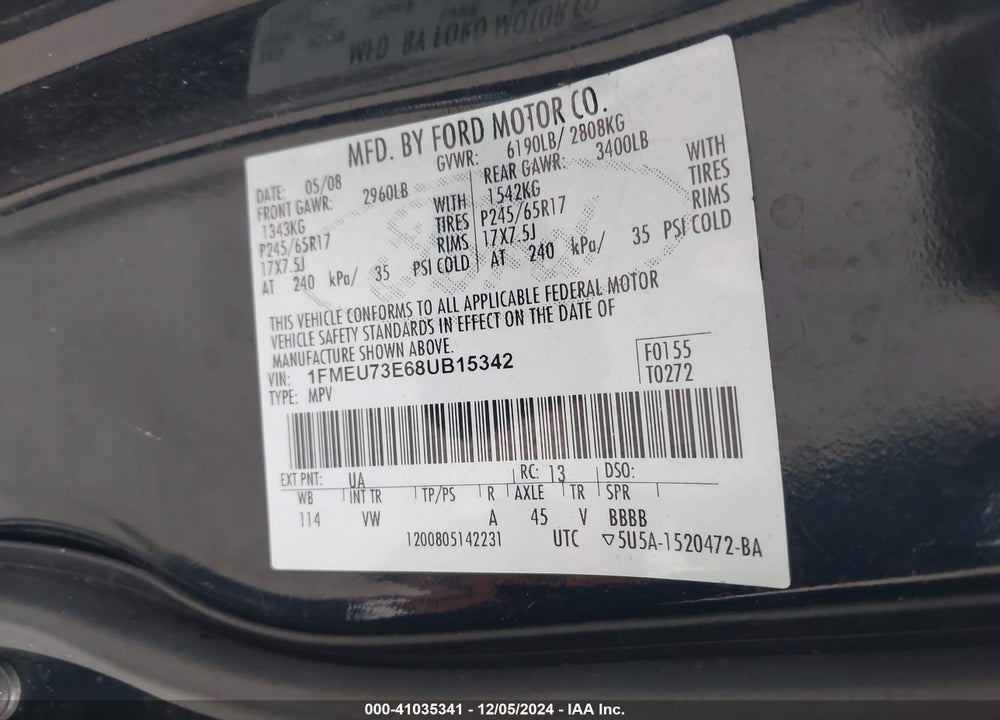 2008 FORD EXPLORER XLT VIN: 1FMEU73E68UB15342